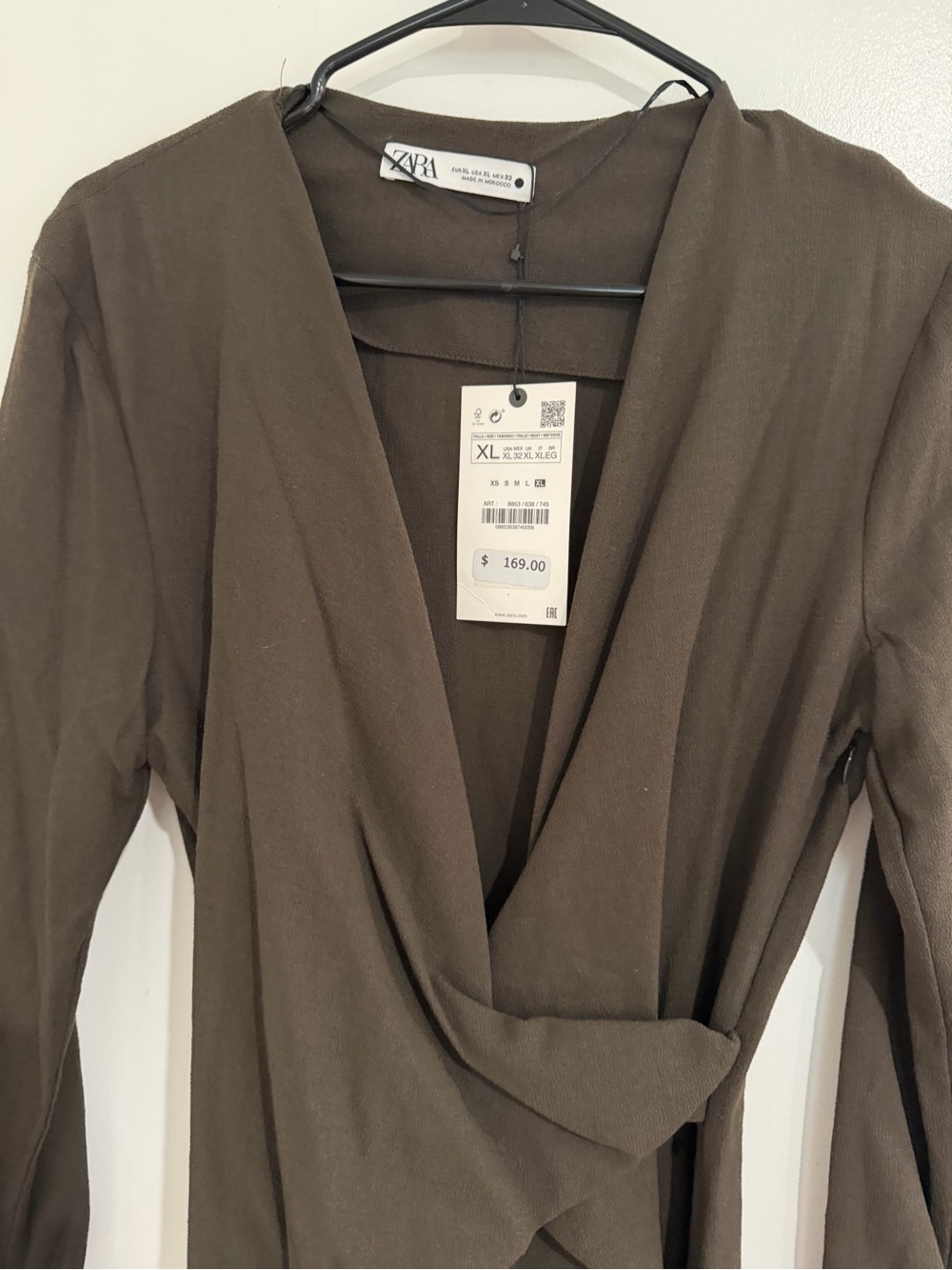NWT Zara Draped Faux Wrap Midi Dress Brown V Neck Long Sleeve Quiet Luxury XL - Picture 3 of 7
